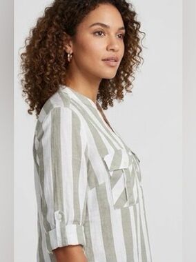 EDEN&OLIVIA TOP BEIGE/WHITE STRIPED LADIES BLOUSE ROLL UP 3/4 SLEEVES